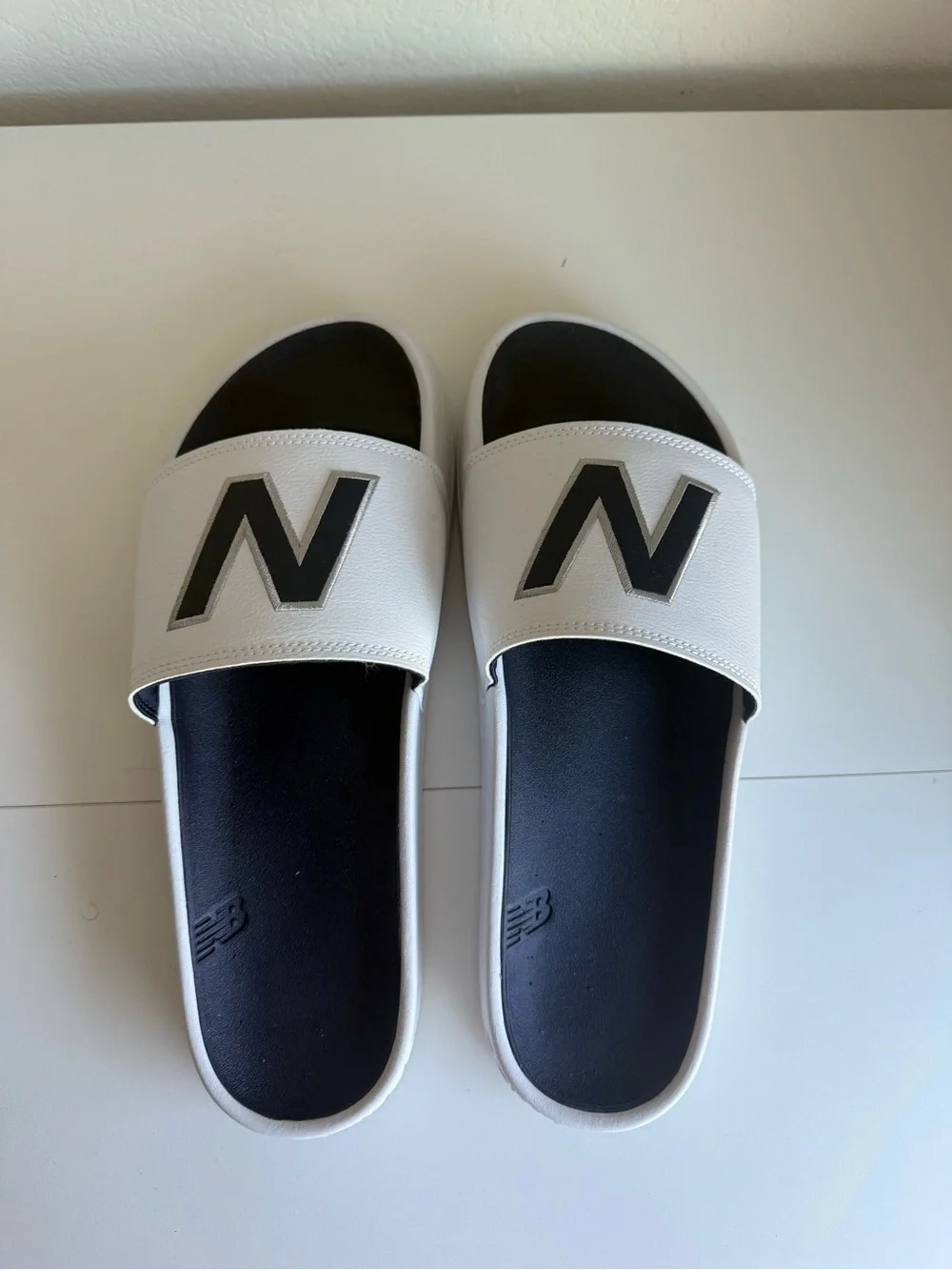 New Balance White and Black Logo Slide Sandals